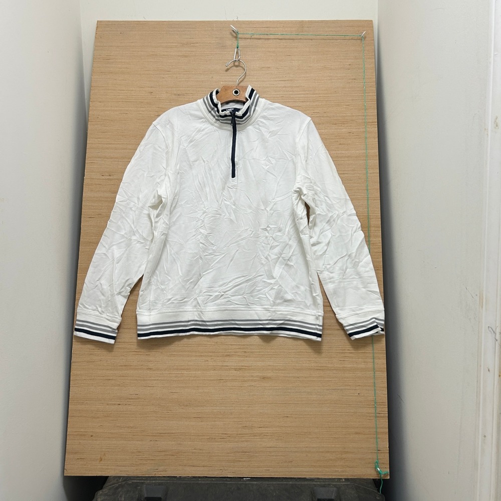 Lands End Mens White Striped Trim Quarter Zip Pullover Mock Neck Sweater Size M